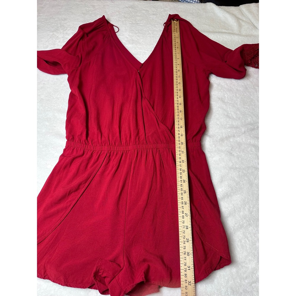 Express Red Long Sleeve Crochet Lace Surplice Romper Size Medium Tassel Back Tie - Picture 5 of 9